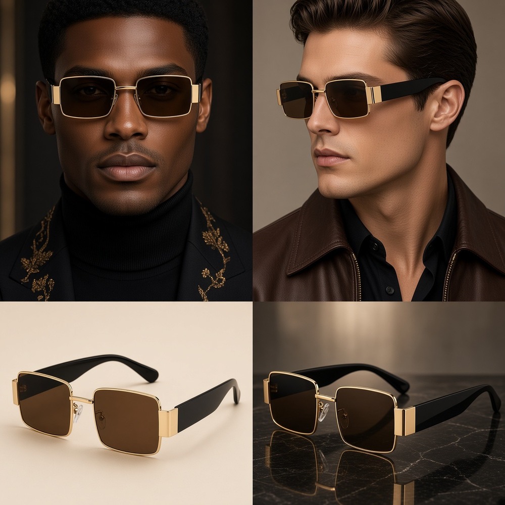 Rectangle Sunglasses for Men Gold Frame Brown Lens UV400 Protection Retro Lentes